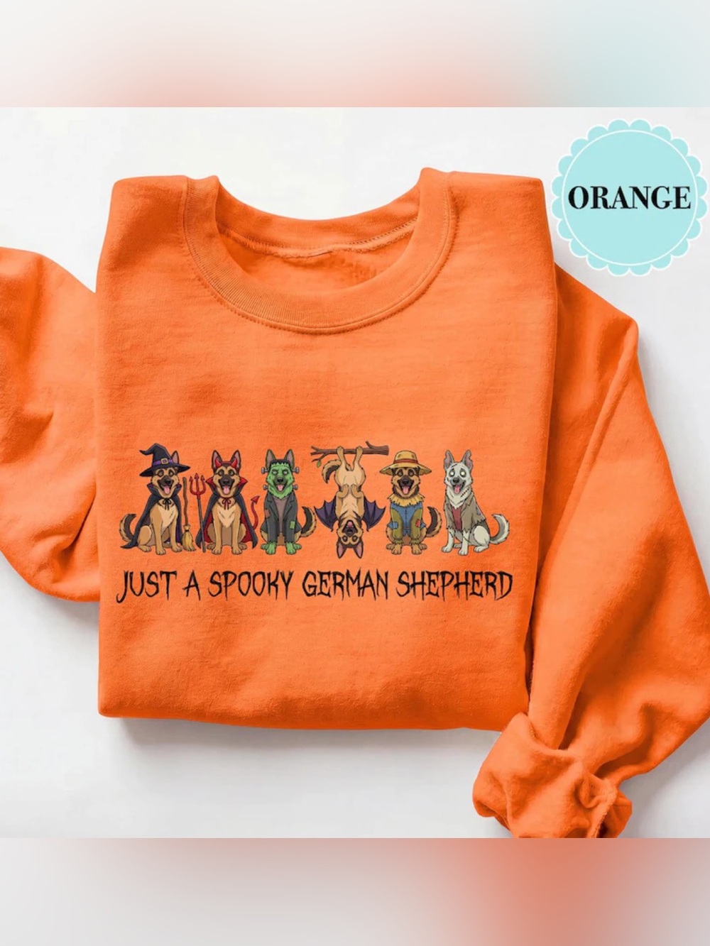 Spooky German Shepherd Orange Crewneck Sweatshirt For Unisex - Fun Colorful Dogs
